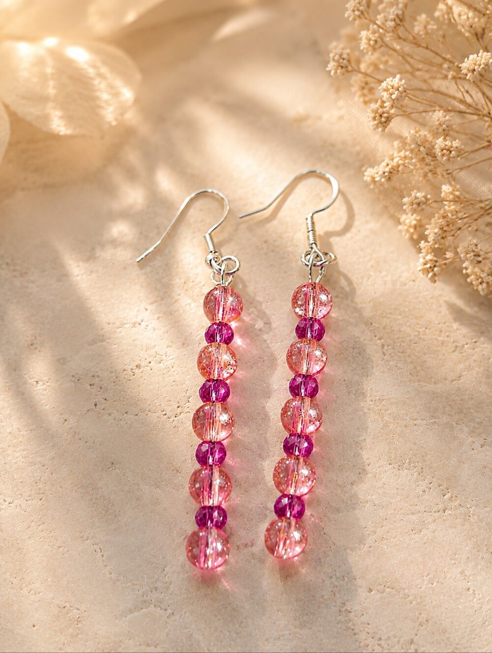 Handmade Pink Beaded Dangle Earrings - Unbranded